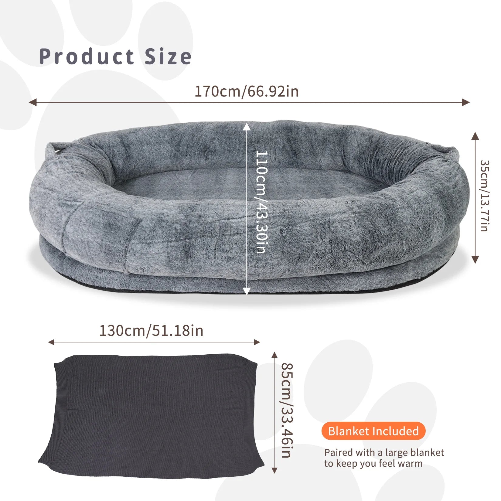 Large Human Dog Bed 66"X43"X17" Human-Sized Big Dog Bed for Adults&Pets Giant Beanbag Bed with Washable Fur Cover and Blanket