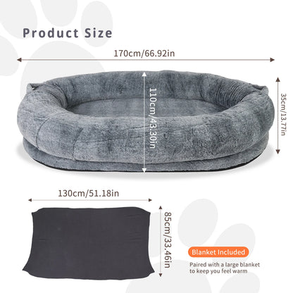 Large Human Dog Bed 66"X43"X17" Human-Sized Big Dog Bed for Adults&Pets Giant Beanbag Bed with Washable Fur Cover and Blanket