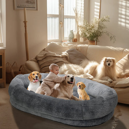 Large Human Dog Bed 66"X43"X17" Human-Sized Big Dog Bed for Adults&Pets Giant Beanbag Bed with Washable Fur Cover and Blanket
