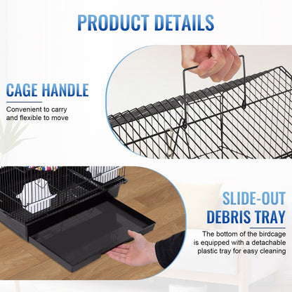 39 Inch Bird Cage Parakeet Cage with Play Top Rolling Stand & Easy Clean Pull-Out Tray Roof Top Parrot Cage for for Finches Canaries Parakeets Cockatiels & Other Small Birds, Black