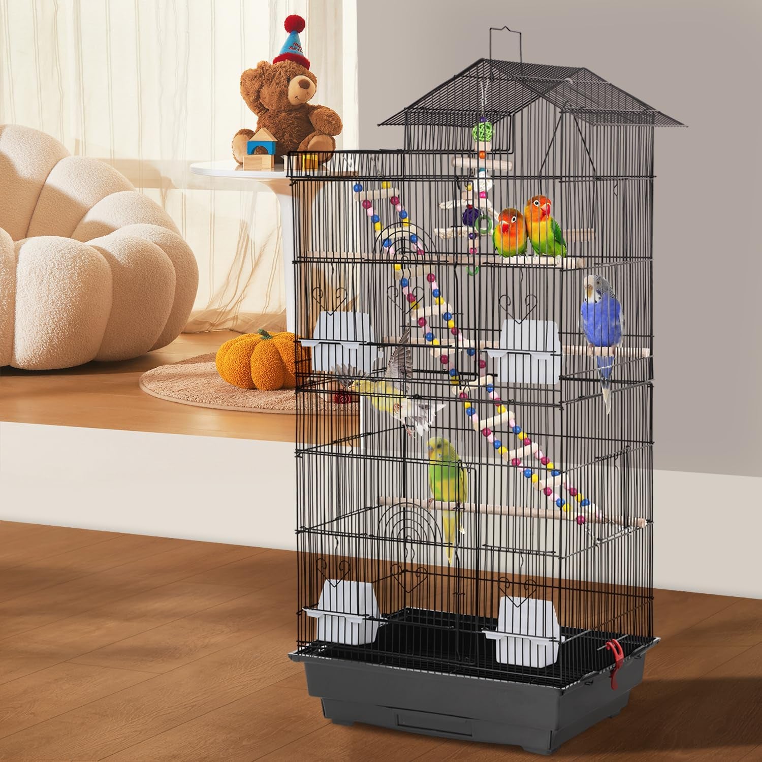39 Inch Bird Cage Parakeet Cage with Play Top Rolling Stand & Easy Clean Pull-Out Tray Roof Top Parrot Cage for for Finches Canaries Parakeets Cockatiels & Other Small Birds, Black