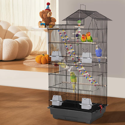 39 Inch Bird Cage Parakeet Cage with Play Top Rolling Stand & Easy Clean Pull-Out Tray Roof Top Parrot Cage for for Finches Canaries Parakeets Cockatiels & Other Small Birds, Black
