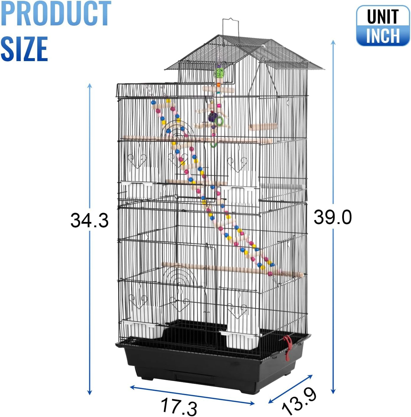 39 Inch Bird Cage Parakeet Cage with Play Top Rolling Stand & Easy Clean Pull-Out Tray Roof Top Parrot Cage for for Finches Canaries Parakeets Cockatiels & Other Small Birds, Black