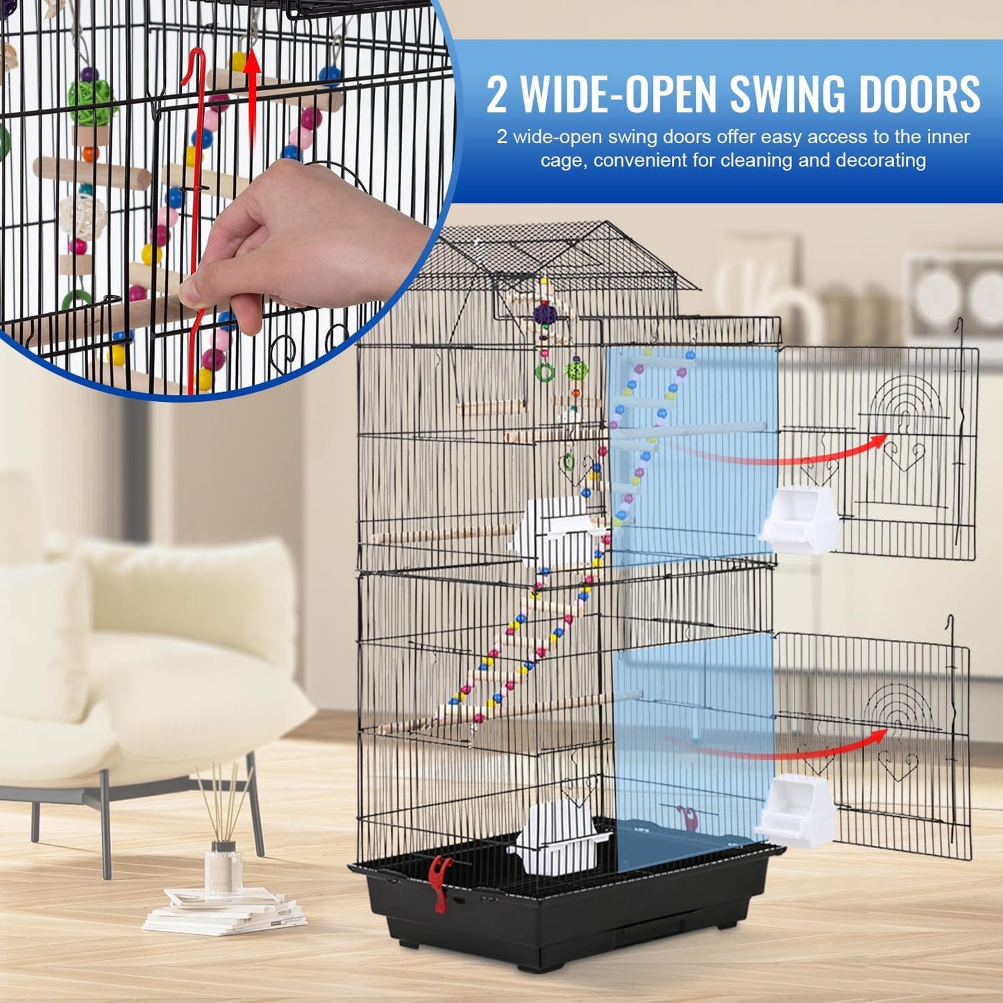 39 Inch Bird Cage Parakeet Cage with Play Top Rolling Stand & Easy Clean Pull-Out Tray Roof Top Parrot Cage for for Finches Canaries Parakeets Cockatiels & Other Small Birds, Black