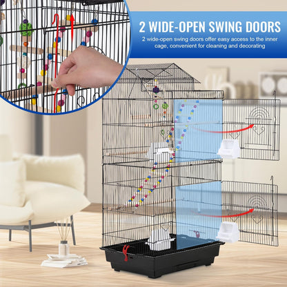 39 Inch Bird Cage Parakeet Cage with Play Top Rolling Stand & Easy Clean Pull-Out Tray Roof Top Parrot Cage for for Finches Canaries Parakeets Cockatiels & Other Small Birds, Black