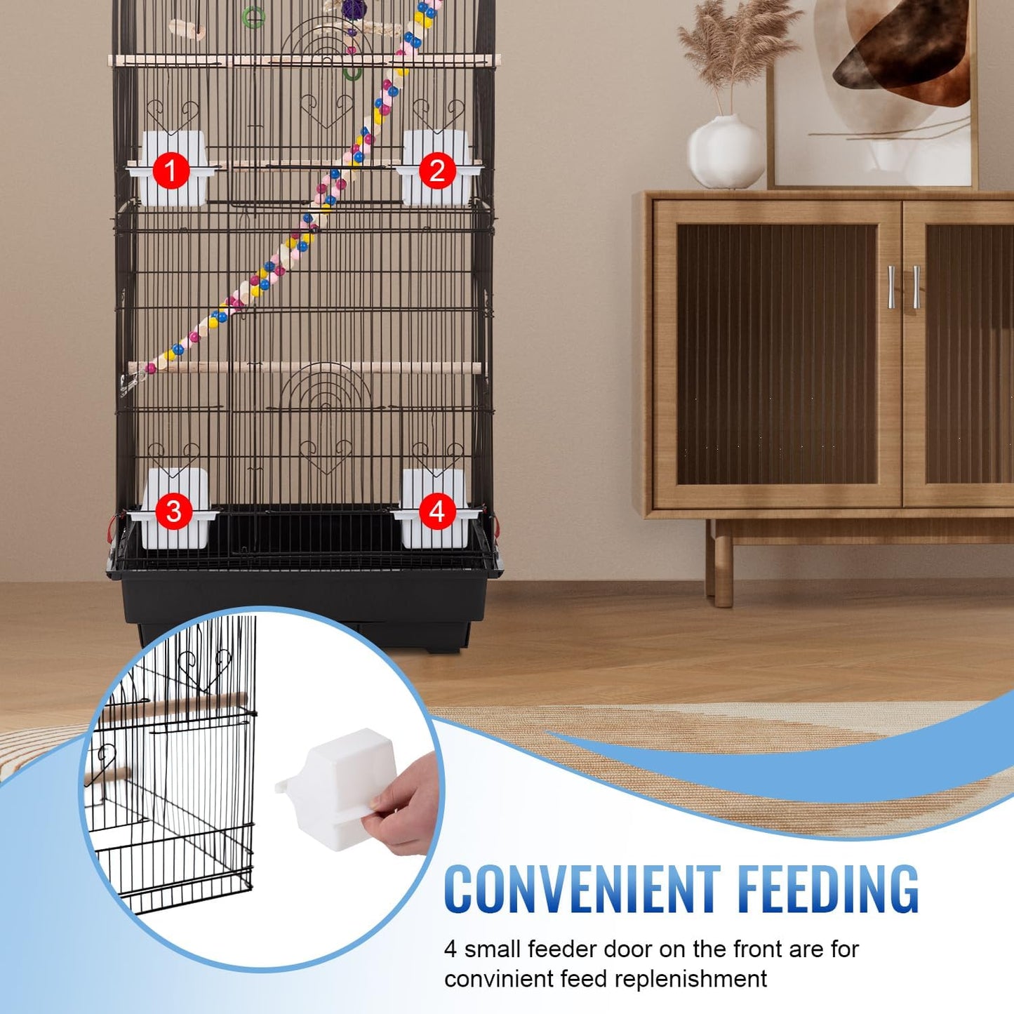 39 Inch Bird Cage Parakeet Cage with Play Top Rolling Stand & Easy Clean Pull-Out Tray Roof Top Parrot Cage for for Finches Canaries Parakeets Cockatiels & Other Small Birds, Black