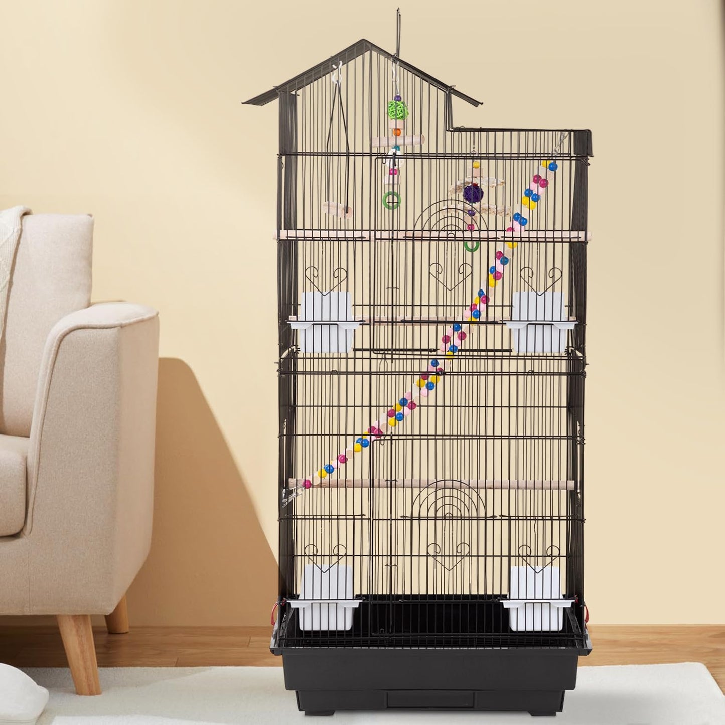 39 Inch Bird Cage Parakeet Cage with Play Top Rolling Stand & Easy Clean Pull-Out Tray Roof Top Parrot Cage for for Finches Canaries Parakeets Cockatiels & Other Small Birds, Black