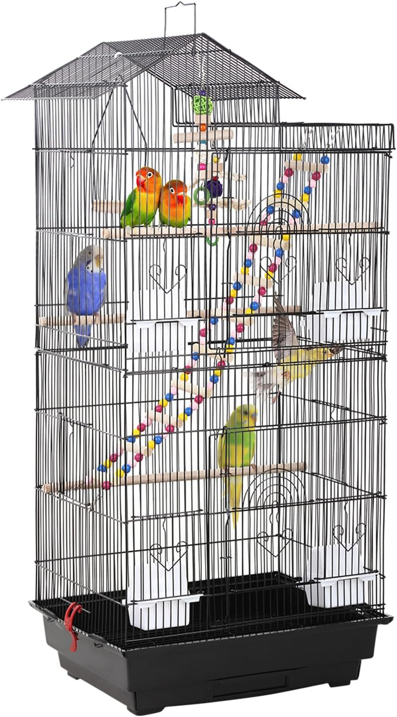 39 Inch Bird Cage Parakeet Cage with Play Top Rolling Stand & Easy Clean Pull-Out Tray Roof Top Parrot Cage for for Finches Canaries Parakeets Cockatiels & Other Small Birds, Black