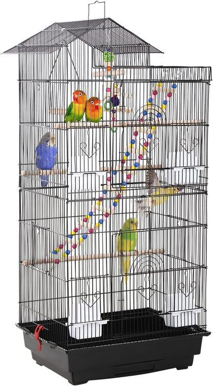 39 Inch Bird Cage Parakeet Cage with Play Top Rolling Stand & Easy Clean Pull-Out Tray Roof Top Parrot Cage for for Finches Canaries Parakeets Cockatiels & Other Small Birds, Black
