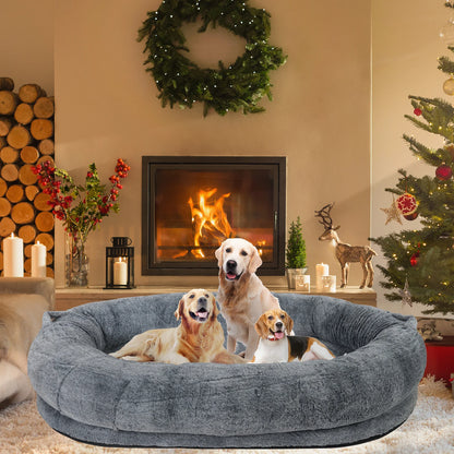 Large Human Dog Bed 66"X43"X17" Human-Sized Big Dog Bed for Adults&Pets Giant Beanbag Bed with Washable Fur Cover and Blanket