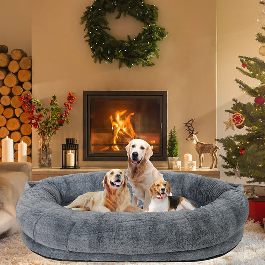 Large Human Dog Bed 66"X43"X17" Human-Sized Big Dog Bed for Adults&Pets Giant Beanbag Bed with Washable Fur Cover and Blanket