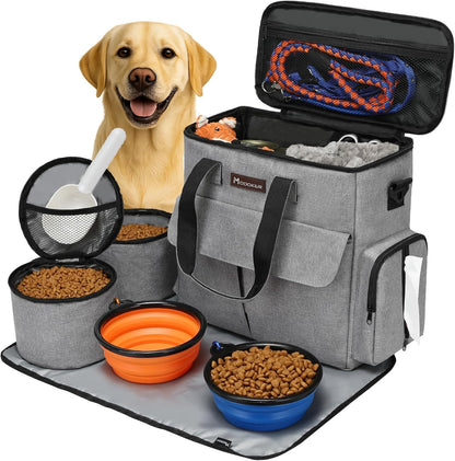 Weekend Dog Travel Bag Set with 2 Food Bags, 2 Bowls and Mat, Grey | Dog Travel Accessories Organizer for Camping and Road Trips with Roomy Storage, Multiple Pockets and Water-Resistant Oxford