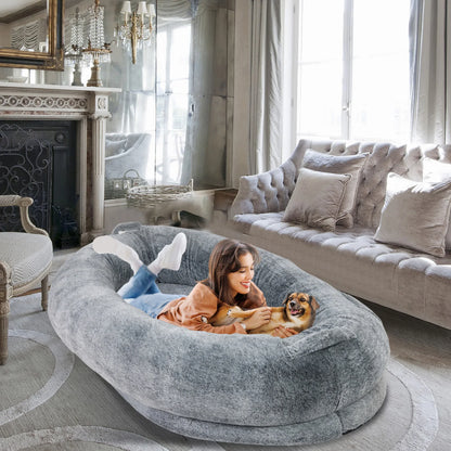 Large Human Dog Bed 66"X43"X17" Human-Sized Big Dog Bed for Adults&Pets Giant Beanbag Bed with Washable Fur Cover and Blanket