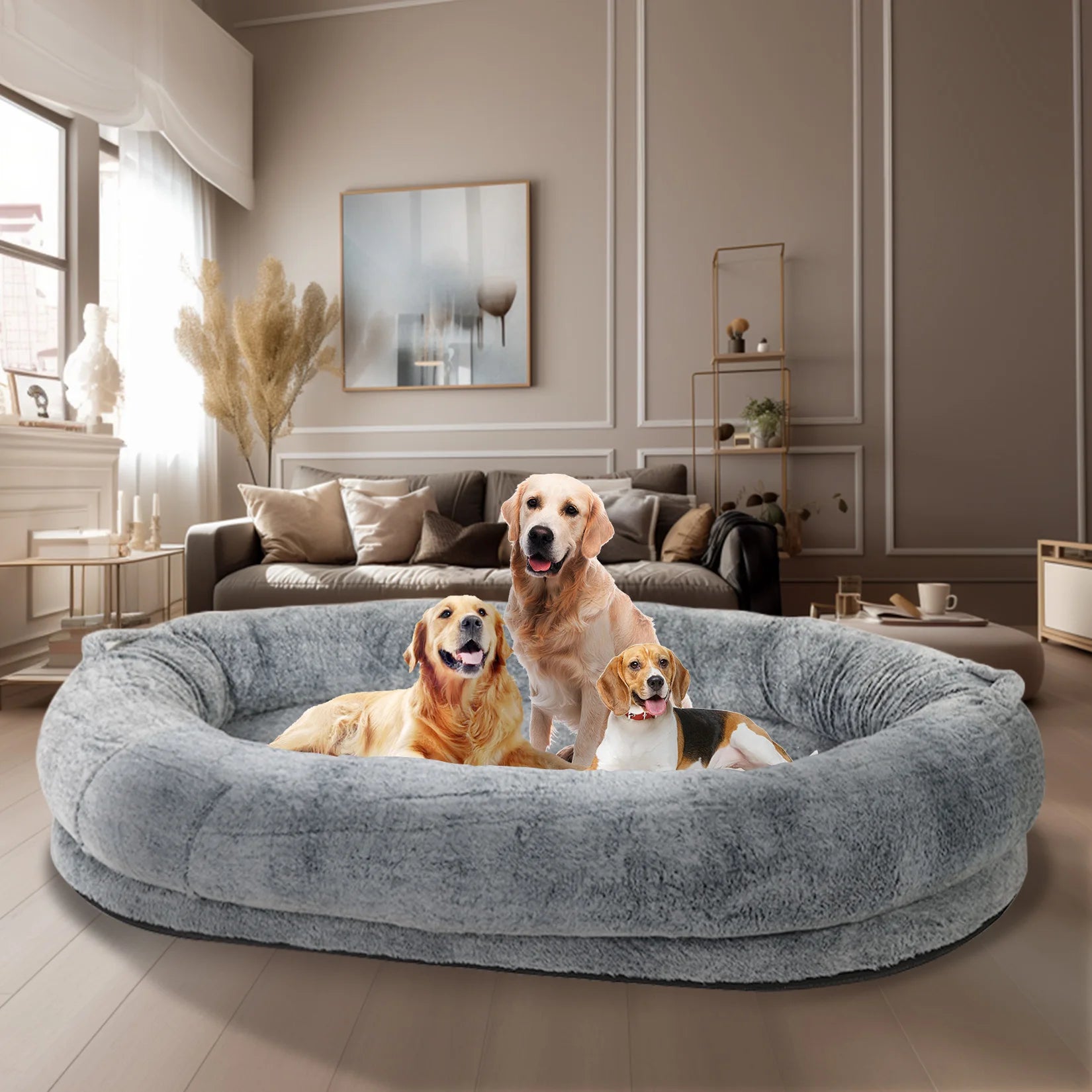 Large Human Dog Bed 66"X43"X17" Human-Sized Big Dog Bed for Adults&Pets Giant Beanbag Bed with Washable Fur Cover and Blanket