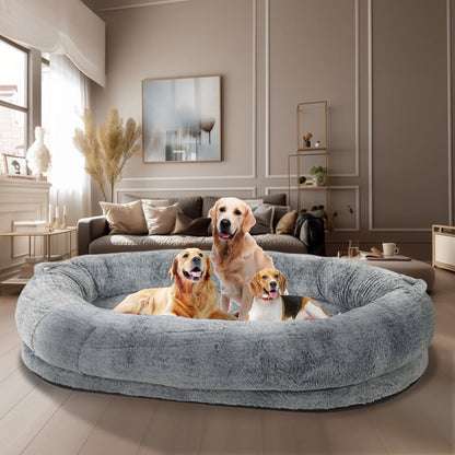 Large Human Dog Bed 66"X43"X17" Human-Sized Big Dog Bed for Adults&Pets Giant Beanbag Bed with Washable Fur Cover and Blanket